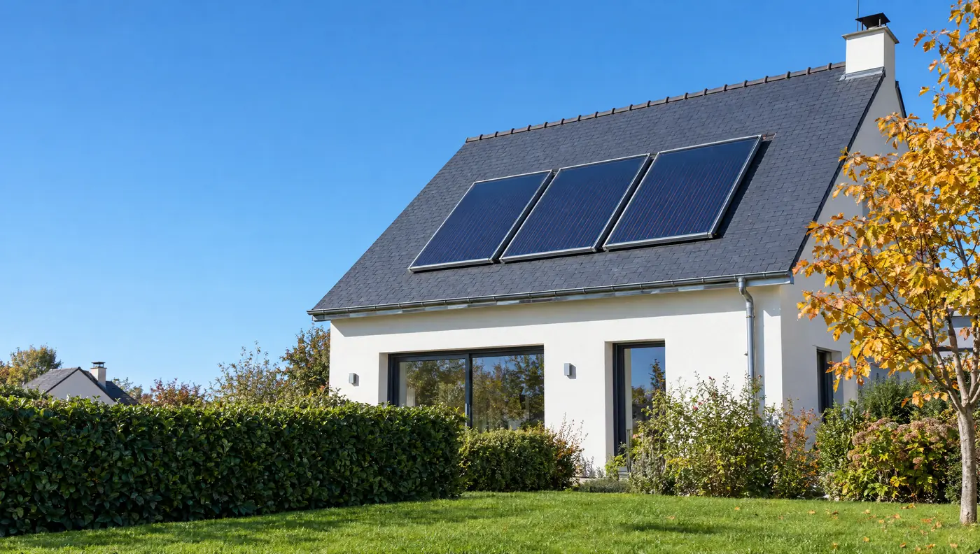 Maison individuelle aux murs blancs avec trois capteurs solaires thermiques sur son toit en ardoise, sous un ciel bleu