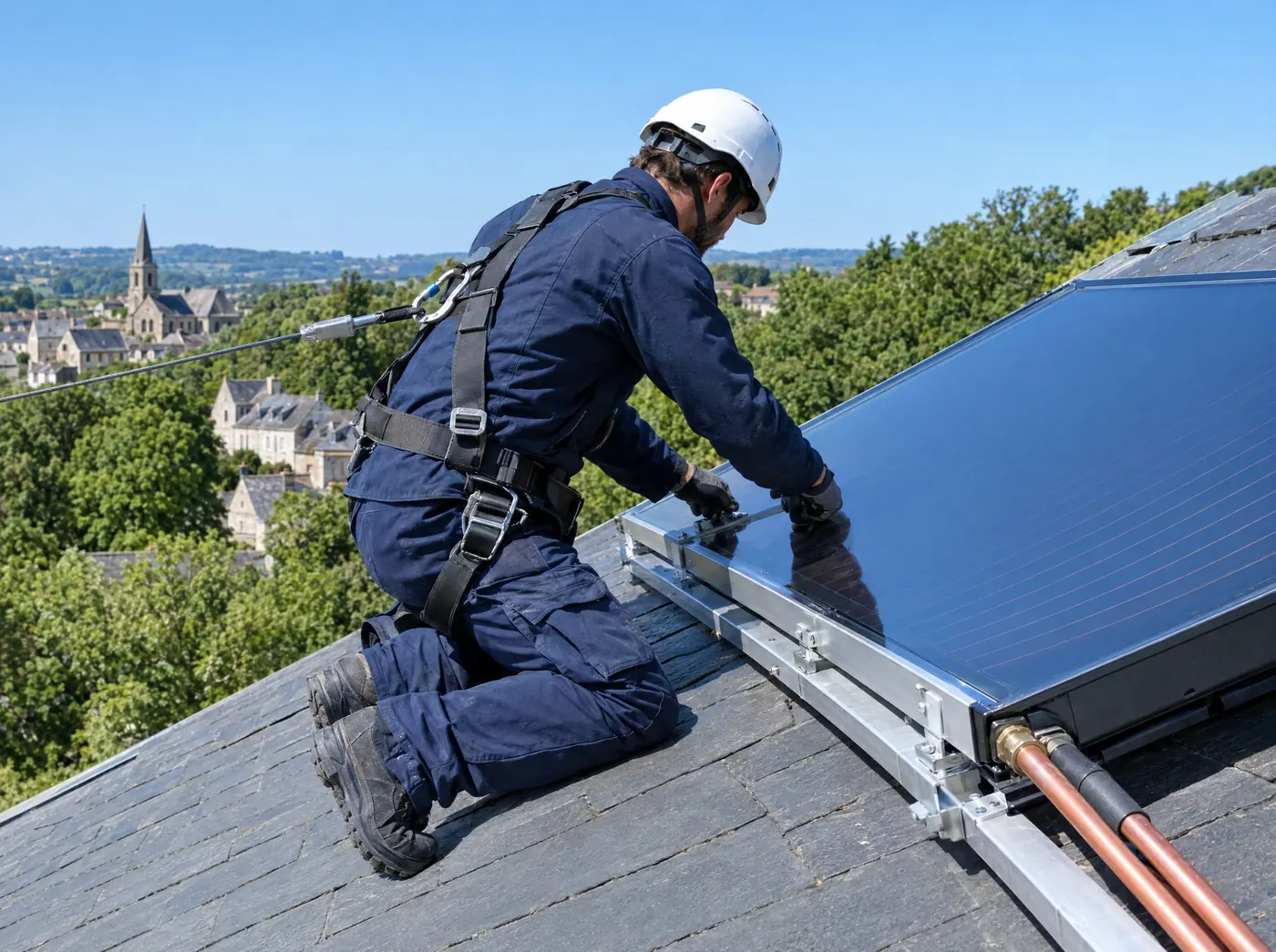 Installateur harnaché qui fixe le rail d'un capteur solaire thermique sur un toit en ardoise